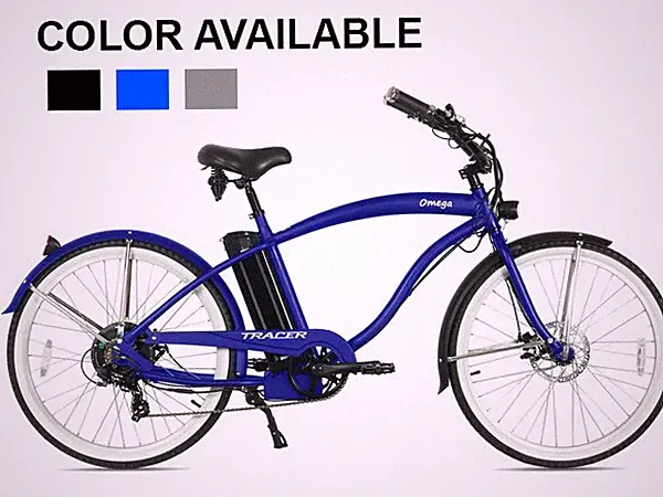 Omega 26" White Wall 7 Speed 48V 500 Watt F&R Disc Brakes Mens Electric Bicycle